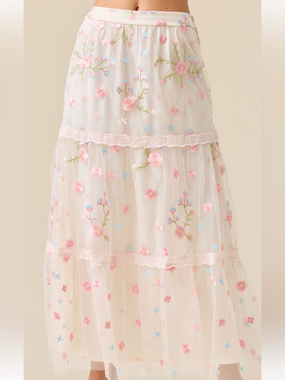Altar'd State White Sheer Maxi Skirt with Pink Floral Embroidery - Picture 3 of 5